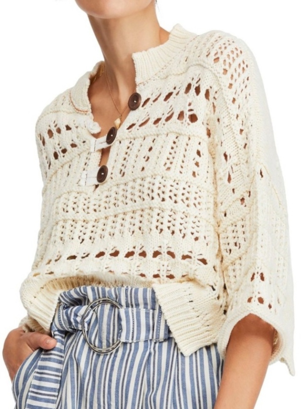 FREE PEOPLE Dreams Tonight Henley In Ivory Knit Sweater NWOT